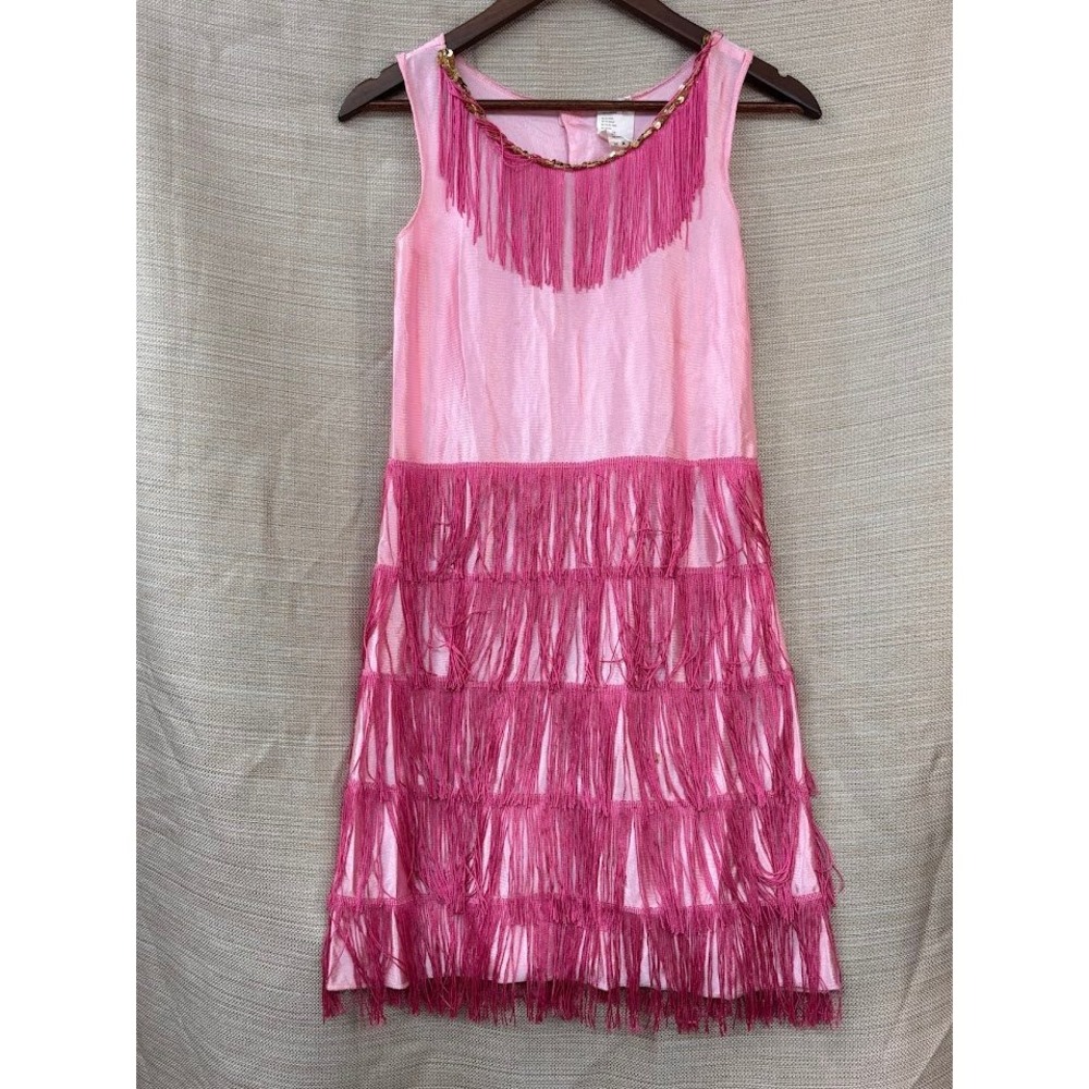Pink Flapper Dress Kids Plus Size 10.5-12.5 Gold Sequin Fringe Costume 50s Dance